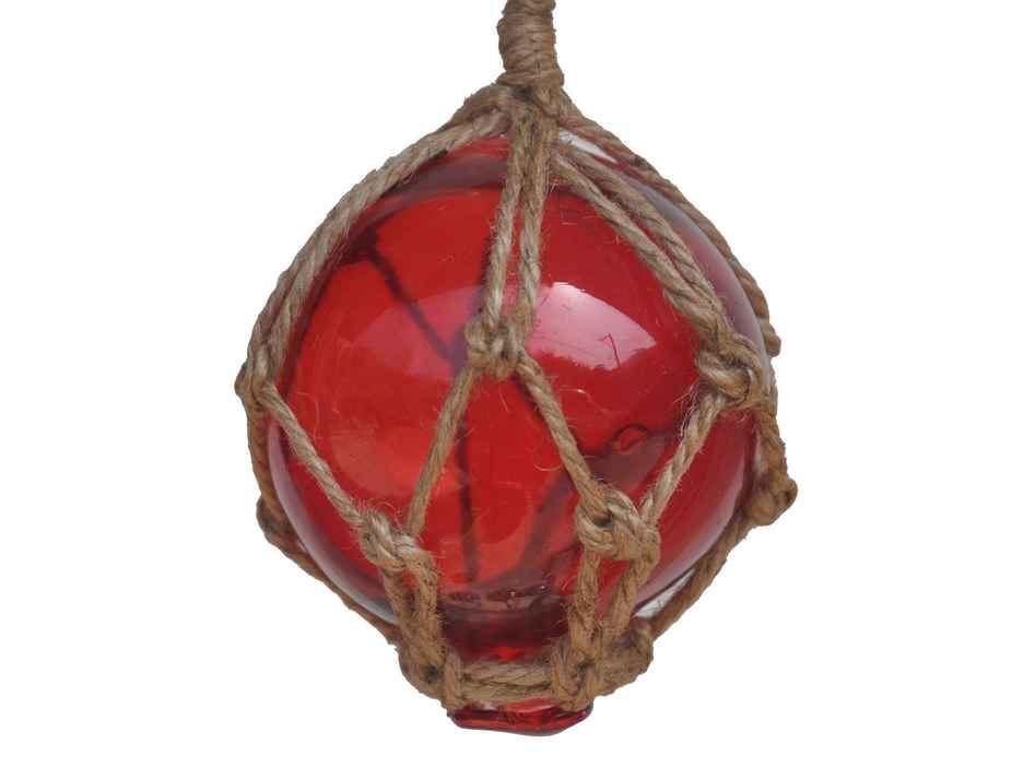 Red Japanese Glass Ball Fishing Float With Brown Netting Decoration 3"
