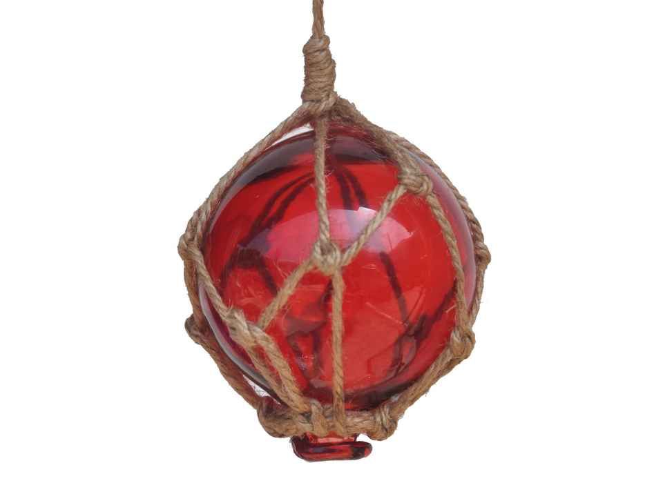Red Japanese Glass Ball Fishing Float With Brown Netting Decoration 3"