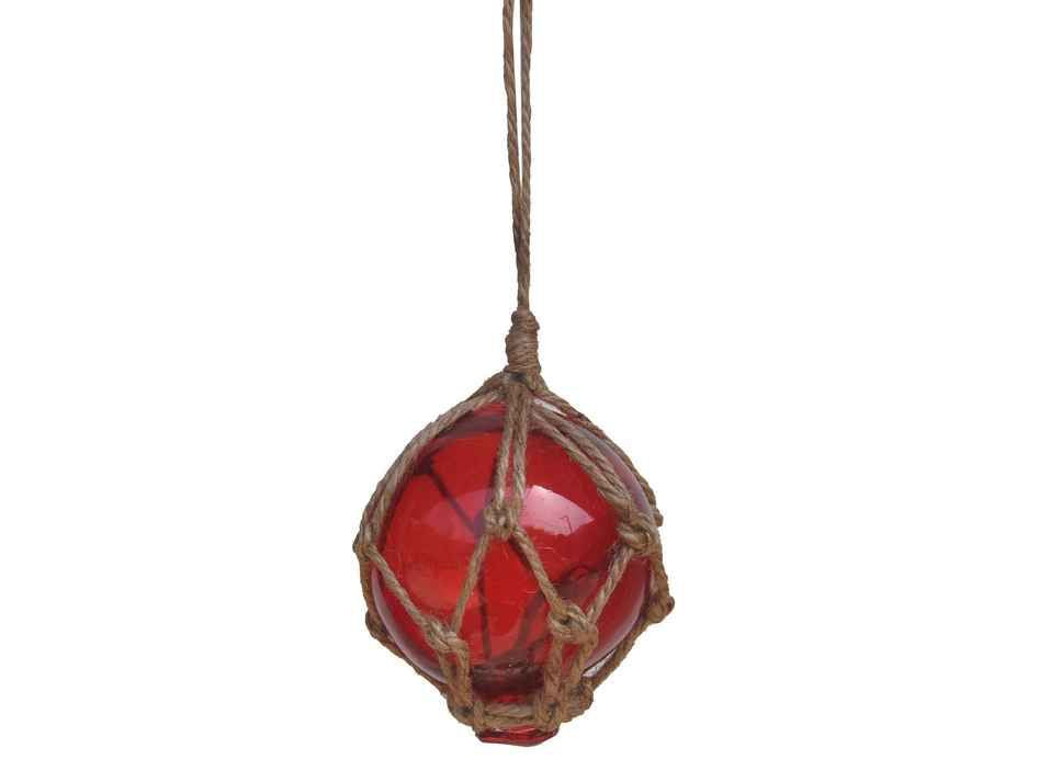 Red Japanese Glass Ball Fishing Float With Brown Netting Decoration 3"
