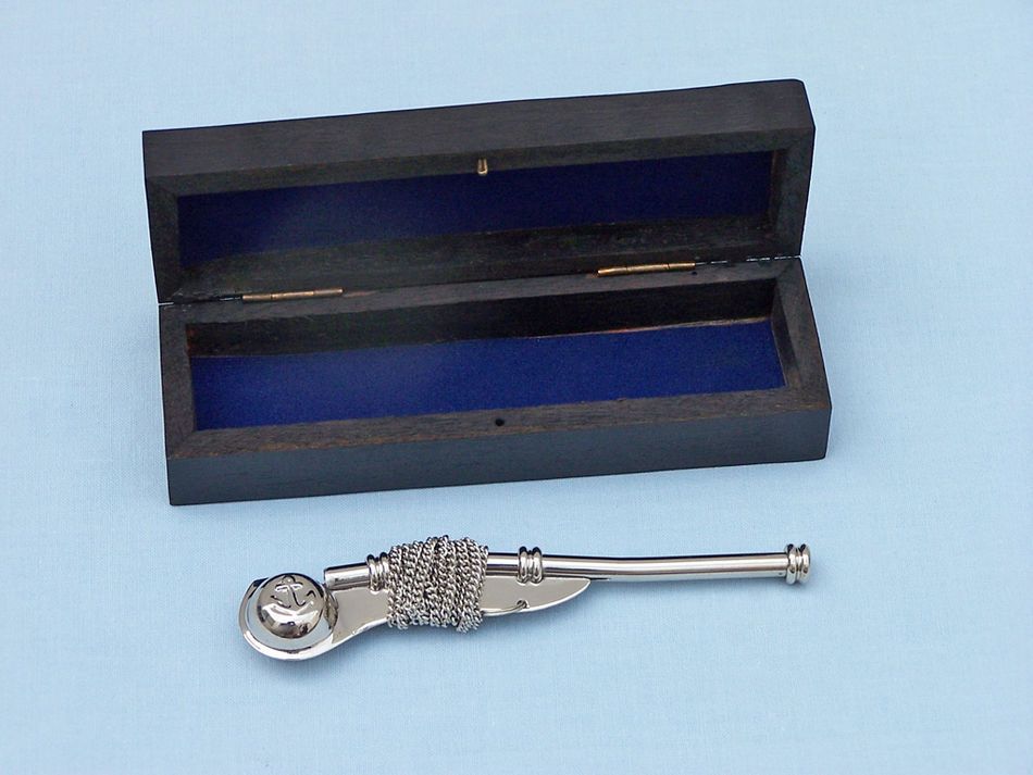 Chrome Boatswain (Bosun) Whistle 5" w/ Black Rosewood Box