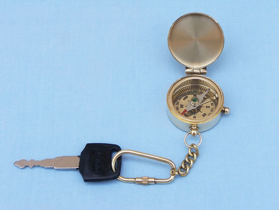 Solid Brass Compass w/Lid Key Chain 5"