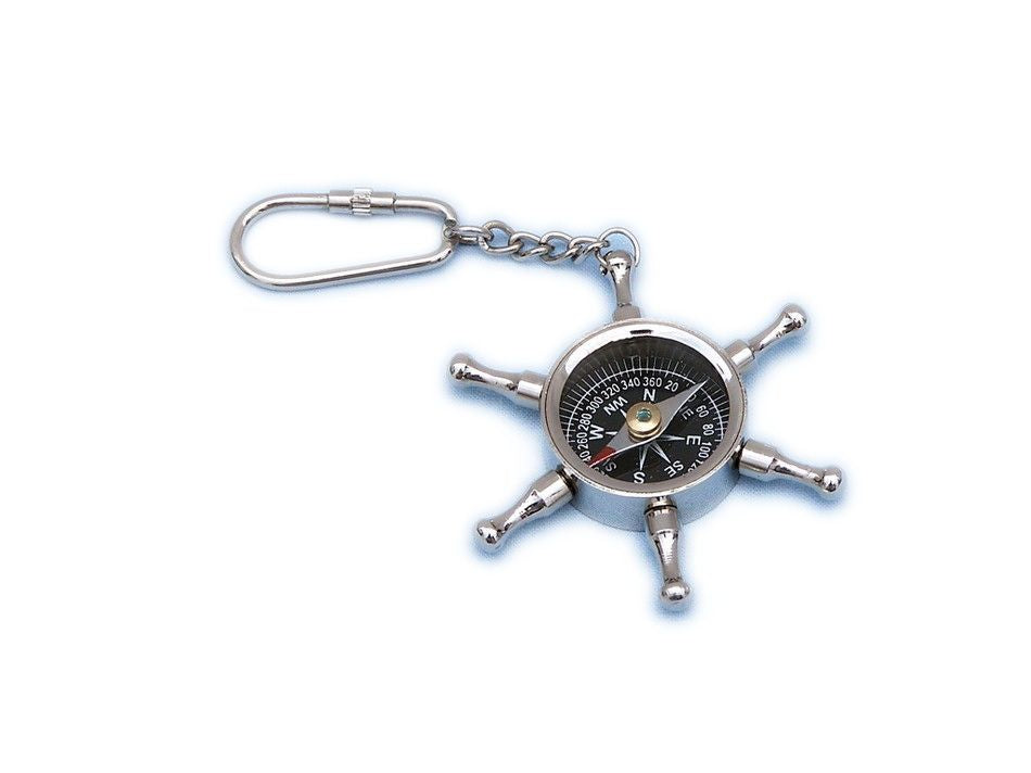 Chrome Ship Wheel Compass Key Chain 5"
