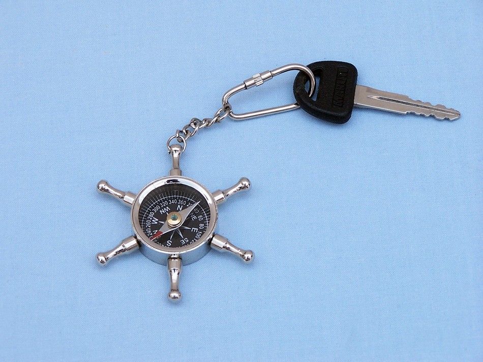 Chrome Ship Wheel Compass Key Chain 5"