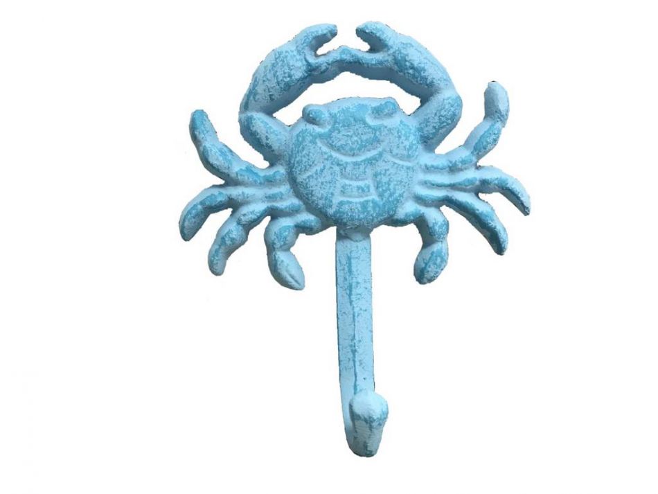 Rustic Light Blue Whitewashed Cast Iron Wall Mounted Crab Hook 5"