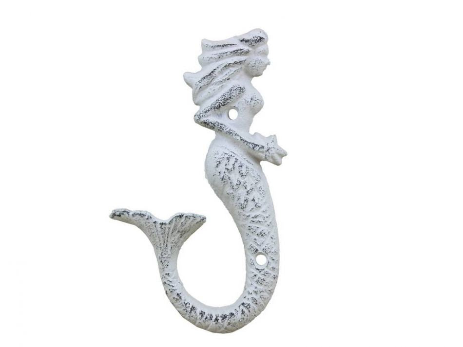 Rustic Whitewashed Cast Iron Decorative Mermaid Hook 6"