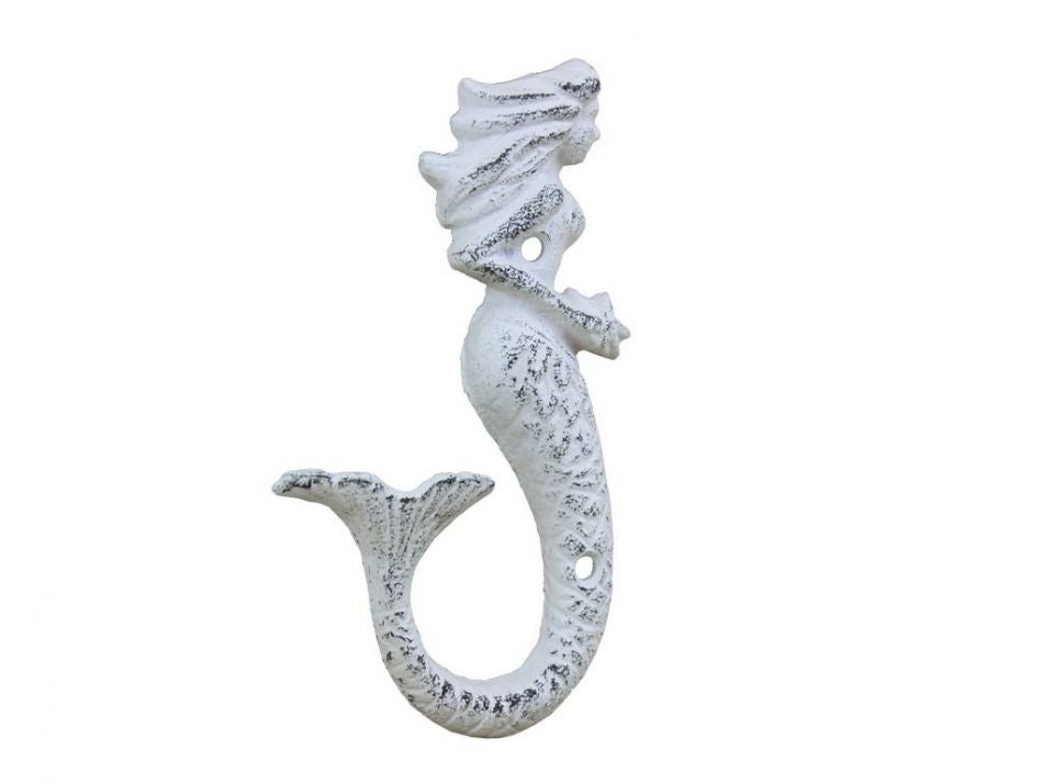 Rustic Whitewashed Cast Iron Decorative Mermaid Hook 6"