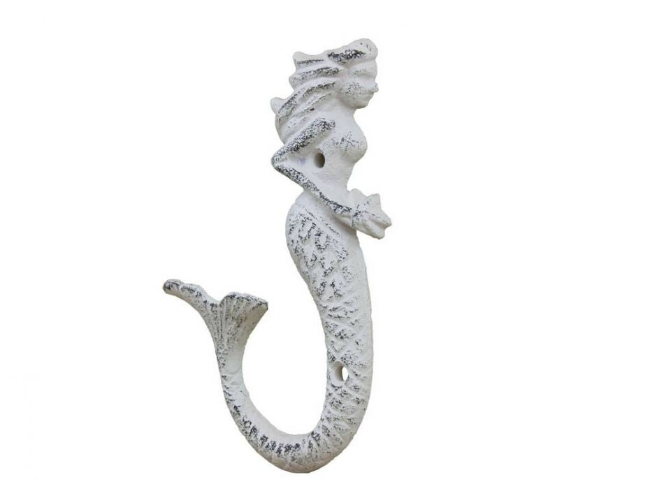 Rustic Whitewashed Cast Iron Decorative Mermaid Hook 6"