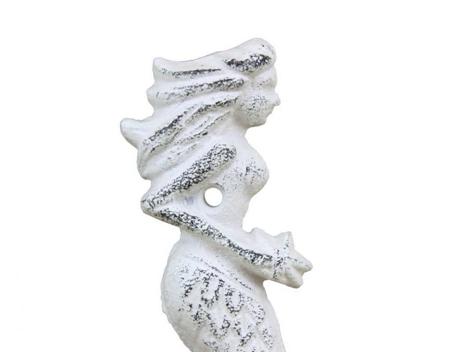 Rustic Whitewashed Cast Iron Decorative Mermaid Hook 6"