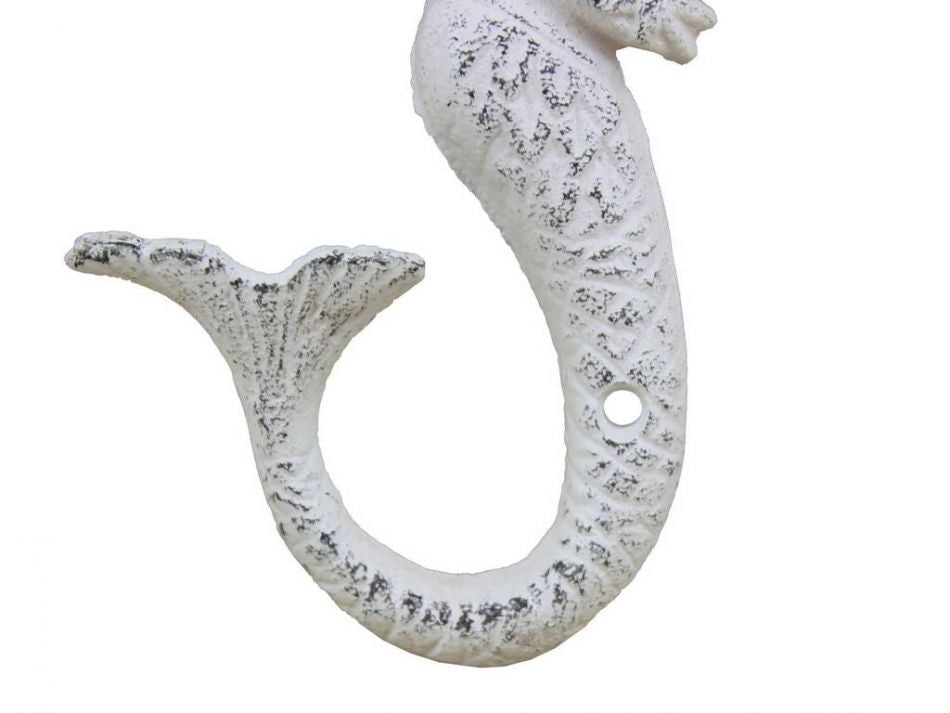 Rustic Whitewashed Cast Iron Decorative Mermaid Hook 6"