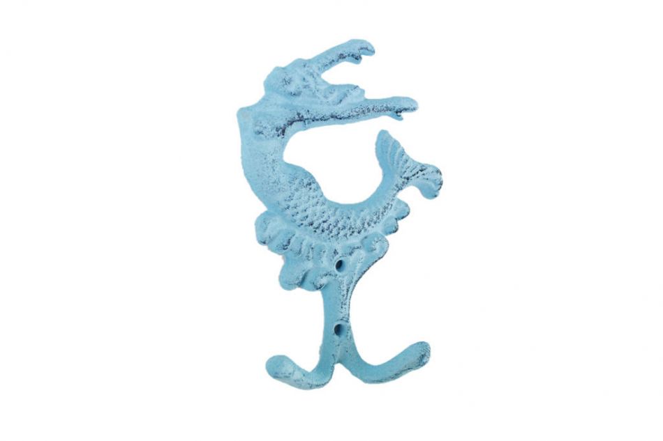 Rustic Dark Blue Whitewashed Cast Iron Mermaid Key Hook 6"