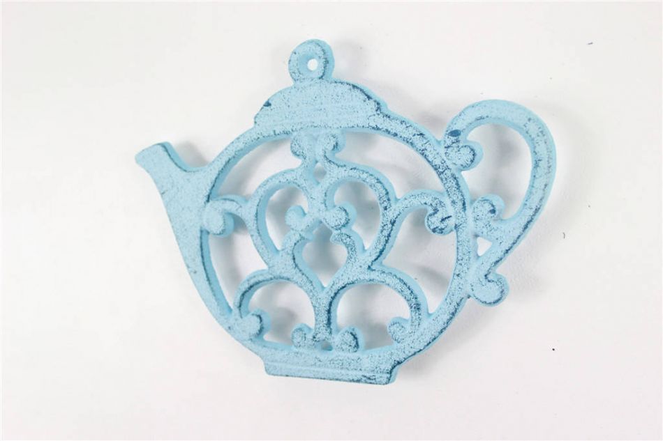 Rustic Dark Blue Whitewashed Cast Iron Round Teapot Trivet 8"
