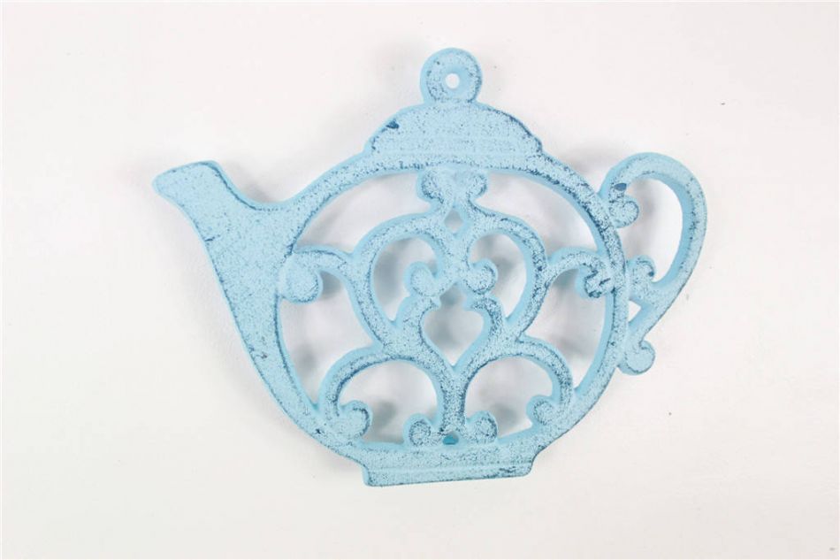Rustic Dark Blue Whitewashed Cast Iron Round Teapot Trivet 8"