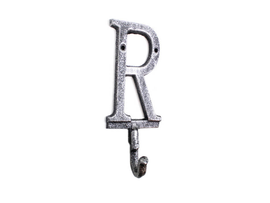 Rustic Silver Cast Iron Letter R Alphabet Wall Hook 6"