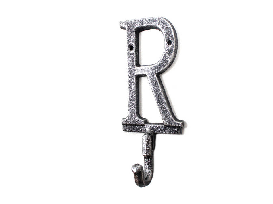 Rustic Silver Cast Iron Letter R Alphabet Wall Hook 6"