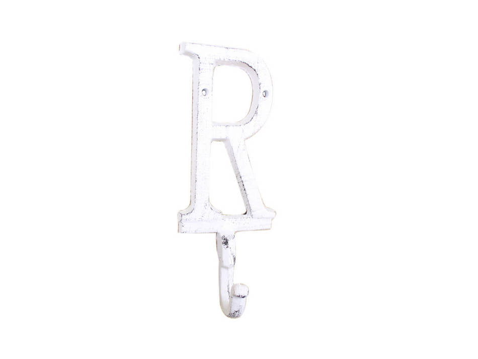 Whitewashed Cast Iron Letter R Alphabet Wall Hook 6"