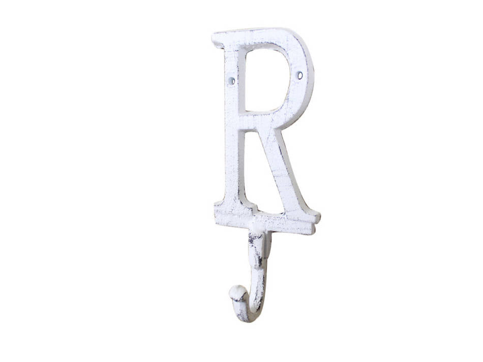Whitewashed Cast Iron Letter R Alphabet Wall Hook 6"