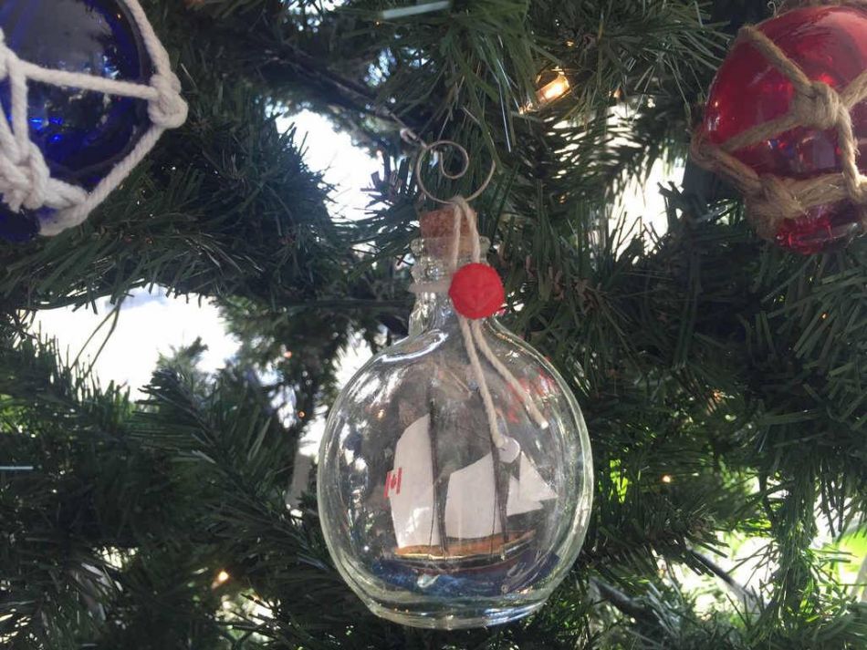 Bluenose Sailboat in a Glass Bottle Christmas Ornament 4"