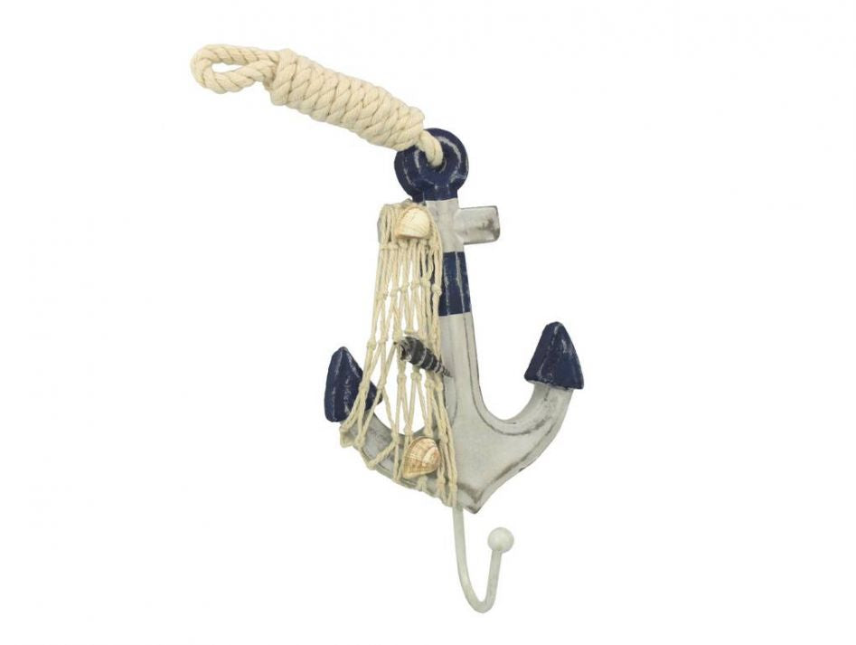 Wooden Rustic Decorative Blue and White Anchor with Hook 7"