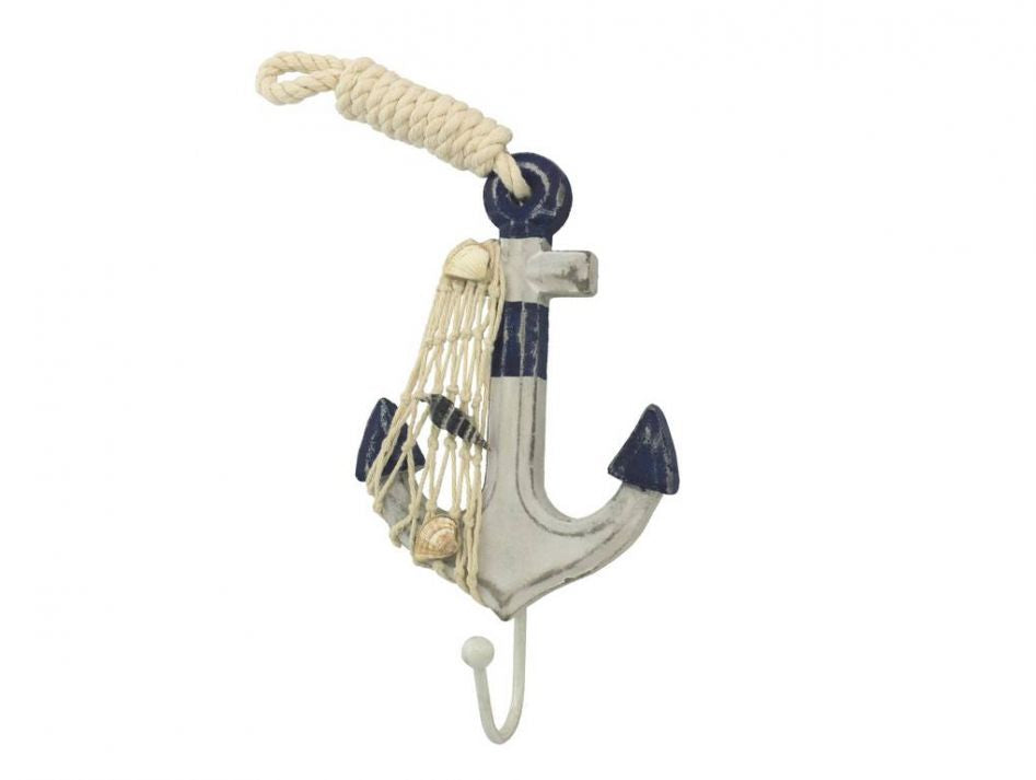 Wooden Rustic Decorative Blue and White Anchor with Hook 7"
