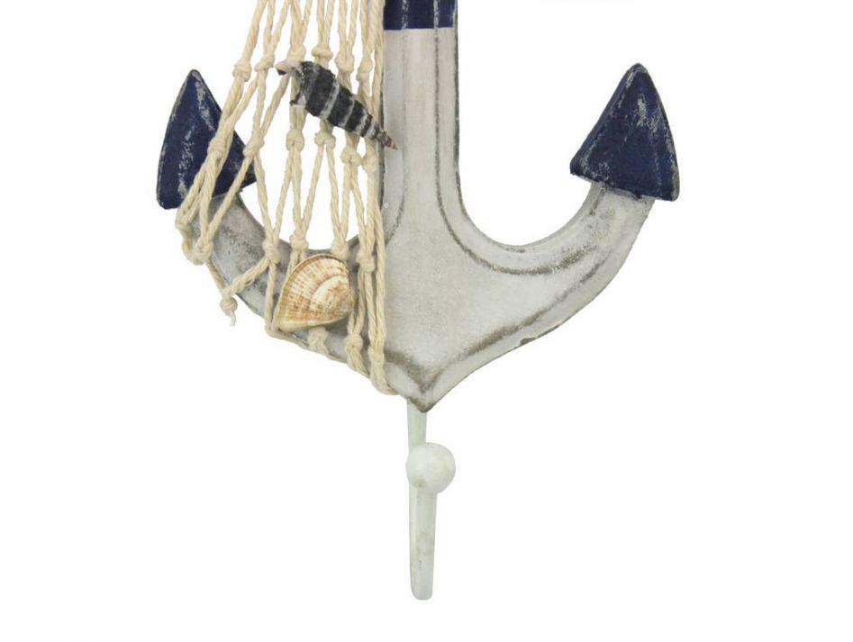 Wooden Rustic Decorative Blue and White Anchor with Hook 7"