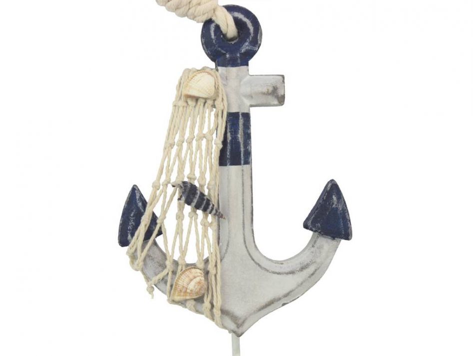 Wooden Rustic Decorative Blue and White Anchor with Hook 7"