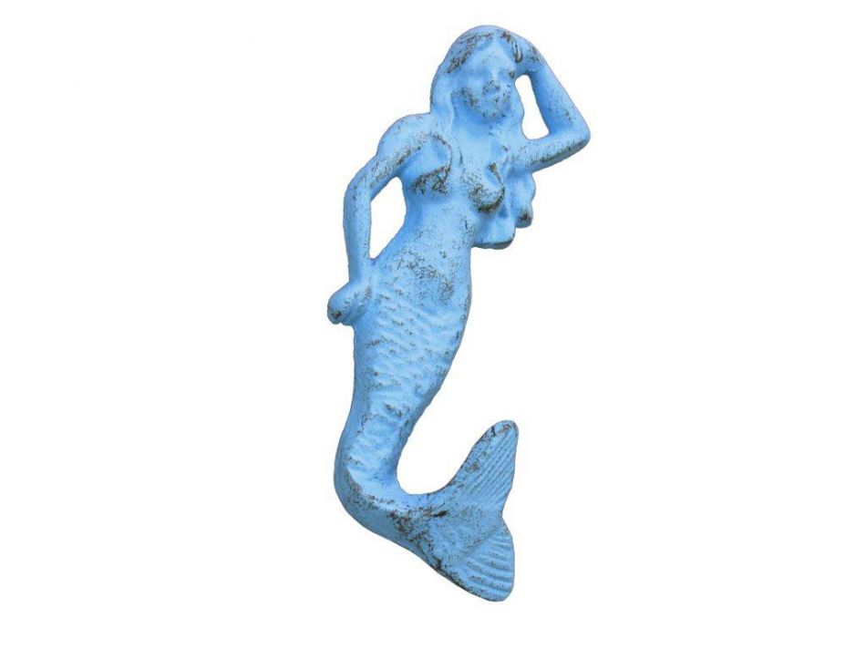 Rustic Light Blue Cast Iron Mermaid Hook 6"