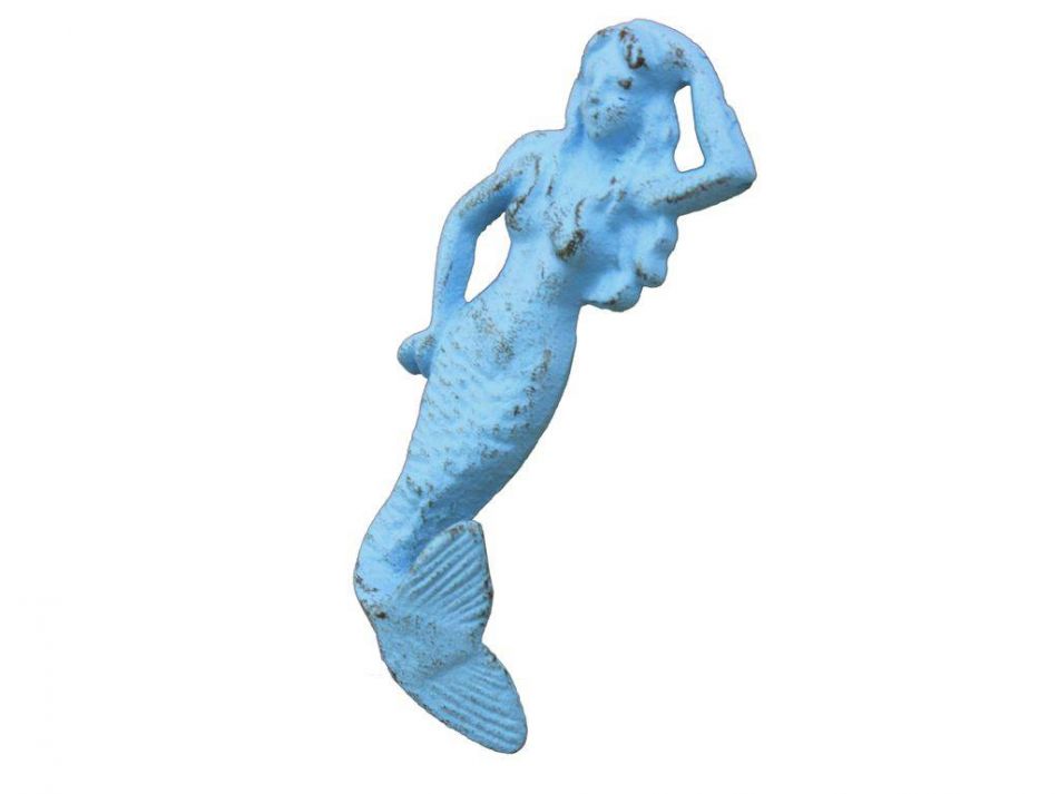 Rustic Light Blue Cast Iron Mermaid Hook 6"