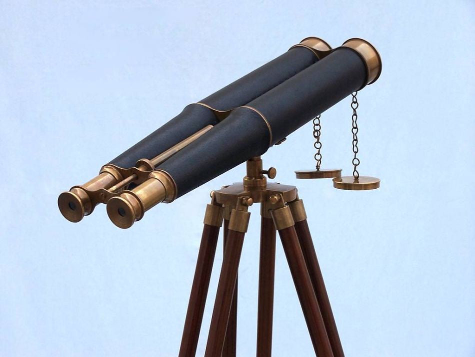 Floor Standing Admirals Antique Brass Binoculars with Leather 62"