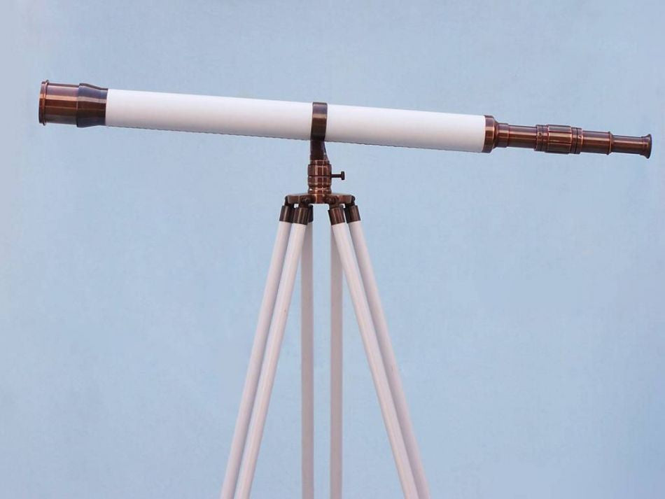 Floor Standing Antique Copper With White Leather Galileo Telescope 65"