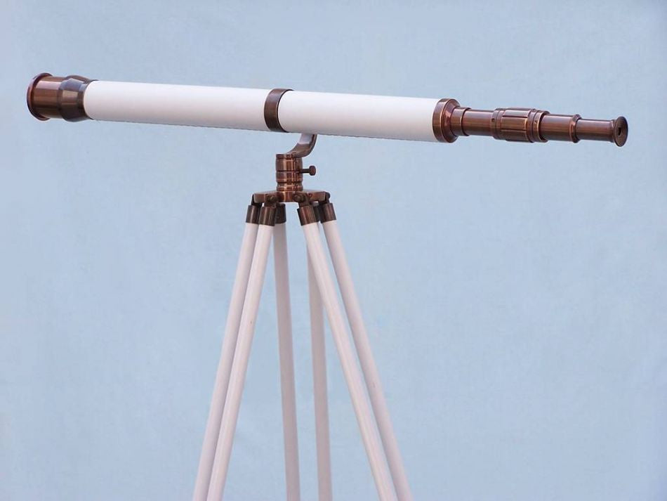 Floor Standing Antique Copper With White Leather Galileo Telescope 65"