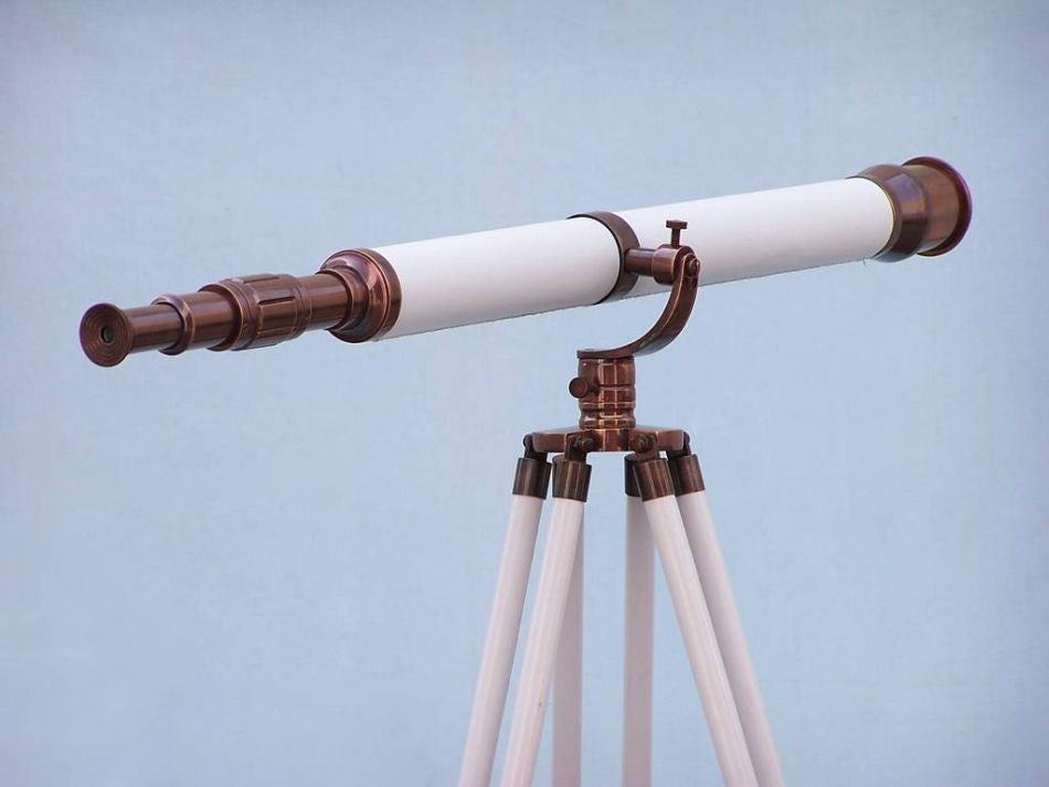 Floor Standing Antique Copper With White Leather Galileo Telescope 65"
