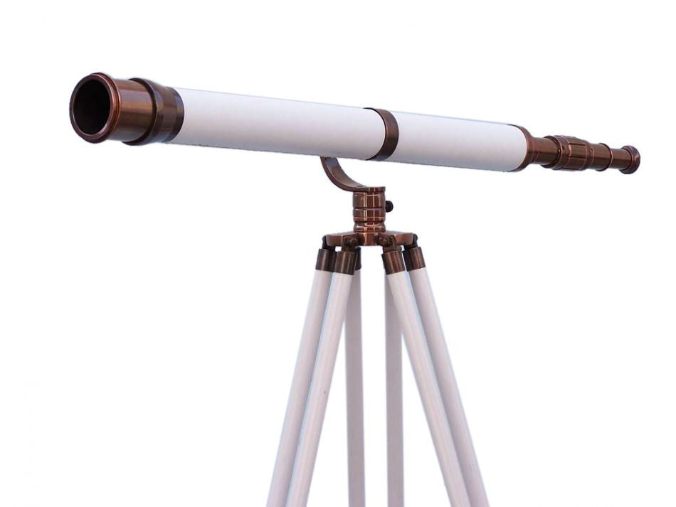 Floor Standing Antique Copper With White Leather Galileo Telescope 65"