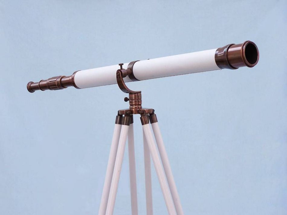 Floor Standing Antique Copper With White Leather Galileo Telescope 65"