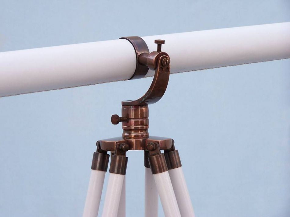 Floor Standing Antique Copper With White Leather Galileo Telescope 65"