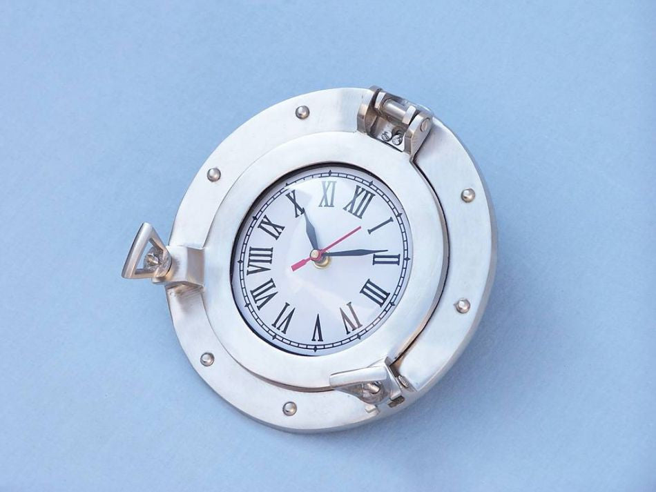 Brushed Nickel Deluxe Class Decorative Ship Porthole Clock 8"