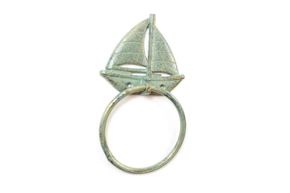 Antique Seaworn Bronze Cast Iron Sailboat Towel Holder 8"