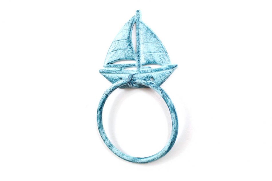 Rustic Dark Blue Whitewashed Cast Iron Sailboat Towel Holder 8"