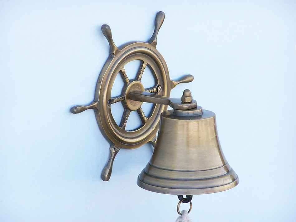 Antique Brass Hanging Ship Wheel Bell 7"