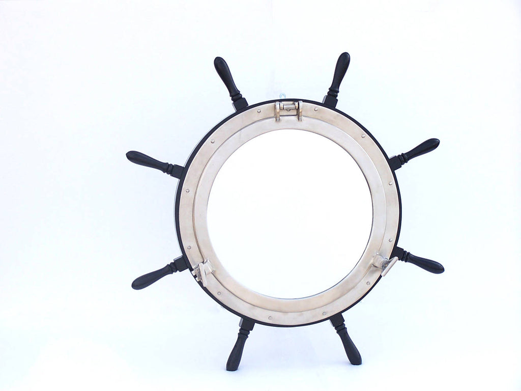 Deluxe Class Wood and Brushed Nickel Ship Wheel Porthole Mirror 36"