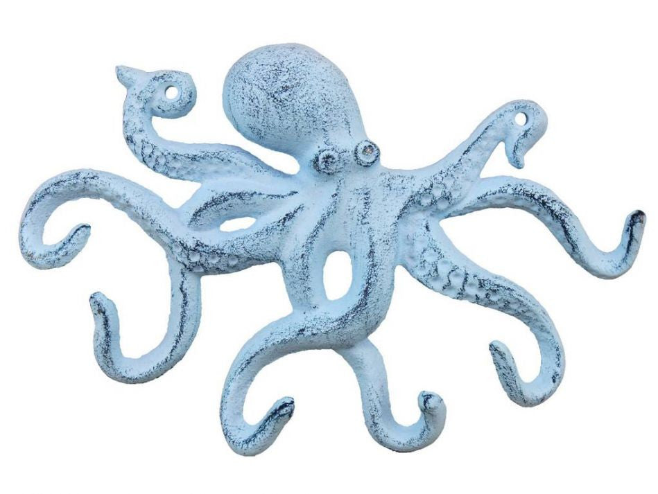 Rustic Dark Blue Whitewashed Cast Iron Octopus Hook 11"