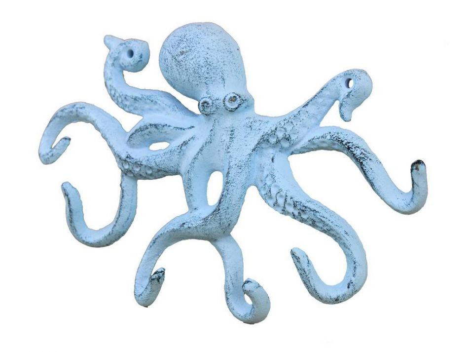 Rustic Dark Blue Whitewashed Cast Iron Octopus Hook 11"