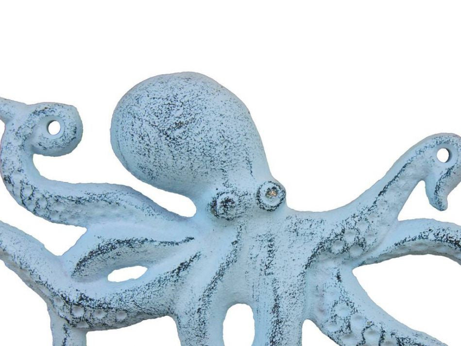 Rustic Dark Blue Whitewashed Cast Iron Octopus Hook 11"