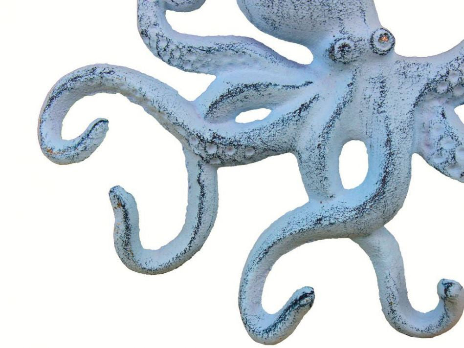 Rustic Dark Blue Whitewashed Cast Iron Octopus Hook 11"