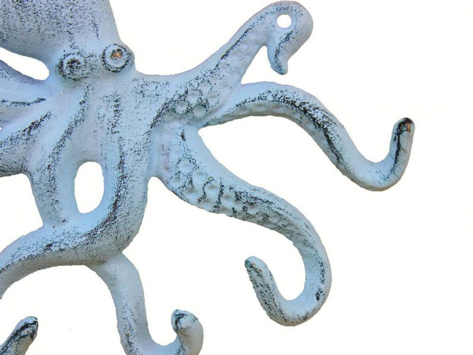 Rustic Dark Blue Whitewashed Cast Iron Octopus Hook 11"