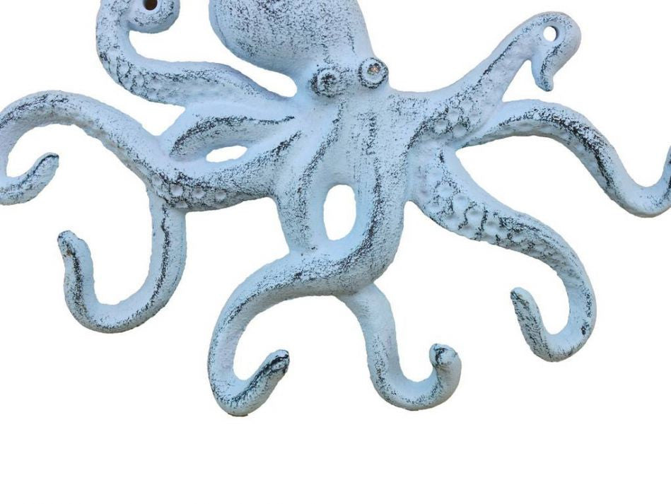 Rustic Dark Blue Whitewashed Cast Iron Octopus Hook 11"