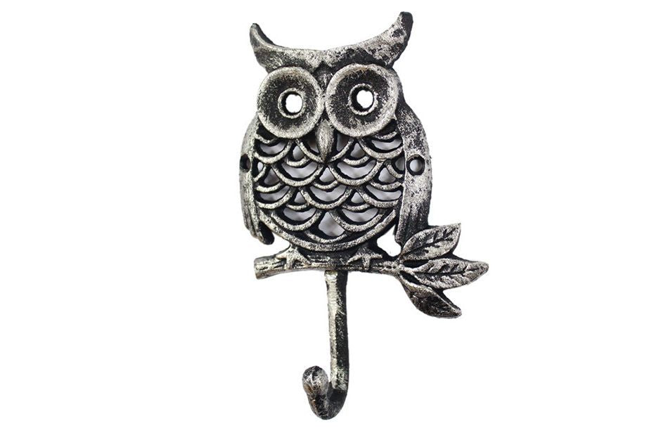Rustic Silver Cast Iron Owl Hook 6"