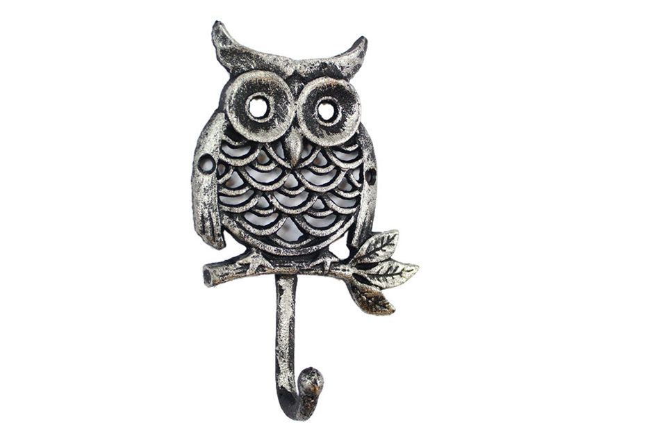 Rustic Silver Cast Iron Owl Hook 6"