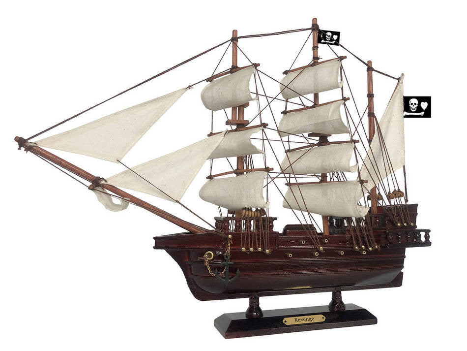 Wooden John Gow's Revenge White Sails Pirate Ship Model 20"