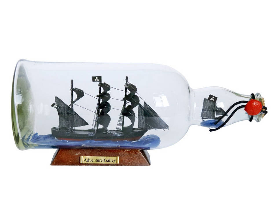 Captain Kidd's Adventure Galley Model Ship in a Glass Bottle 11"