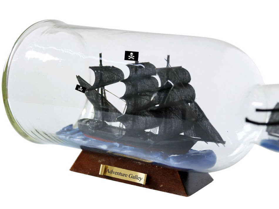 Captain Kidd's Adventure Galley Model Ship in a Glass Bottle 11"